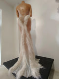 Women Birthday Evening Celebrate Party Nightclub Stage Wear Sexy Sparkly Diamonds Tassel Strapless Mesh See Through Long Dress