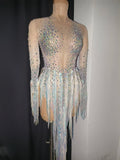 Sexy Sparkly Rhinestone Tassel Long Sleeves Mesh See Through Mini Dress 2026 Women Latin Dance Nightclub Party Club Stage Wear
