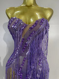 Sexy Purple Strapless Mesh See Through Long Dress Sparkly Diamond Tassel Birthday Evening Party Nightclub Bar DJ Show Stage Wear