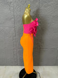 Luxury Elegant Orange Pink Strapless Bodycon Midi Dress Women Sexy 3D Floral Applique Outfit Date Night Party Costum