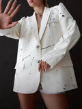 Ink Splashing Print Fashion Blazer for Women Notched Collar Long Sleeve Hollow Out Design Loose Coat Female Autumn