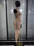 Shining Rhinestones Women Sexy Off the Shoulder Mesh See Through Bodycon Mid-calf Dress Nightclub Party Celebrate Stage Wear