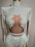 Women Sparkly Rhinestone Sequin Tassel Stretch Bodysuits 2025 New Arrival Birthday Party Nightclub Dj Stage Performance Costume
