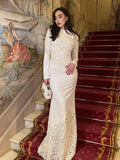 Solid Color Elegant Party Vestido Women'S Spliced Mesh Sequin Slim Long Sleeved Maxi Long Dress
