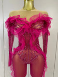 Women Celebrity Evening Party Bar Nightclub Dancer Sexy Stage Costumes Sparkly Rhinestone Long Sleeves Mesh See Through Jumpsuit