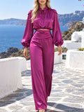Satin Two Piece Set for Women Ruffle Mock Neck Long Lantern Sleeve Crop Top Pleated Wrap Wide Leg Pants for Vacation Daily