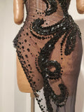 Sparkly Diamond Sexy Black Mesh Asymmetric Bodycon Mini Dress Women Nightclub Bar Party Show Gogo Dancer Clothing Stage Costume