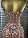 Shining Rhinestones Women Sexy Strapless Mesh See Through Florals Bodycon Mini Dress Performance Costumes Celebrate Stage Wear