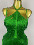 Elegant Sexy Backless Green Tassel Bodycon Long Bandage Dress Women Celebrity Evening Club Luxury Birthday Party Stage Outfit