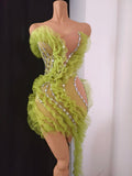 Sparkly Green Diamonds Sexy Mesh Asymmetric Bodycon Mini Dress Celebrate Eveing Birthday Party Nightclub Red Carpet Stage Wear