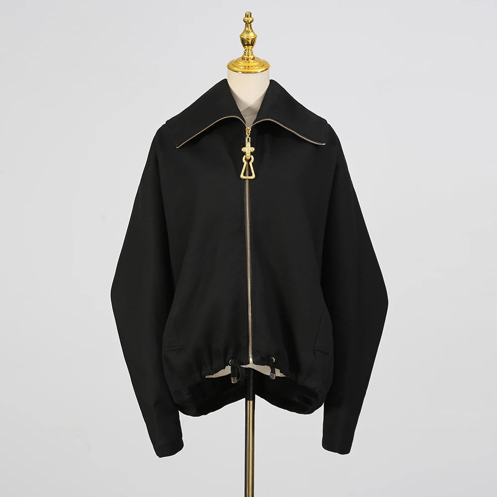Solid Spliced Metal Zipper Jacket for Women Hooded Batwing Sleeve Patchwork Drawstring Hem Loose Sport Casual Jackets Female