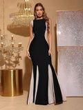 New Sexy Diamond Contrasting Color Tight Draped Bandage Maxi Dress Sleeveless Women'S Wedding Party Formal Dinner Gowns