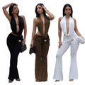 Women's Ruched Pant Set Brown Halter Crop Top And Flared Trouser Two-Piece Set Elegant V-neck Design Cut-Out Club Outfits