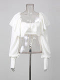 French Vintage White Ruffled Crop Top for Women Lace Trim Puff Sleeves Back Tie Design Blouse for Romantic Dates