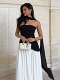 Irregular Slit Vacation Long Dress For Women Elegant Contrast Slim Ribbon Dress Back Lace Up Female Strapless Summer New