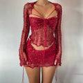 Glitter Sequins Knitted Skirt Sets Women 3 Piece Outfit Vacation Festival Clothing Sheer Top and Mini Skirt Matching Sets