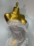 Women Sexy Strapless Pearl Ruched Bodycon Mini Dress Nightclub Birthday Evening Party Bar Singer Stage Performance Costume