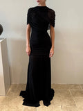 Luxury Galas Event Black Sheer Mesh Ruched Maxi Dress for Women O Neck Short Sleeves Bodycon Silhouette Skirt for Red Carpet