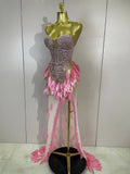 Luxury Sparkly Diamonds Pearls Strapless Mesh Maxi Dress Elegant Eveing Birthday Party Sexy Nightclub Performance Stage Costume