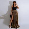 Women Fashion  Spring High Side Split Big Swing Pleated Floor Length Skirt High Waist Street Party Long Maxi Skirts