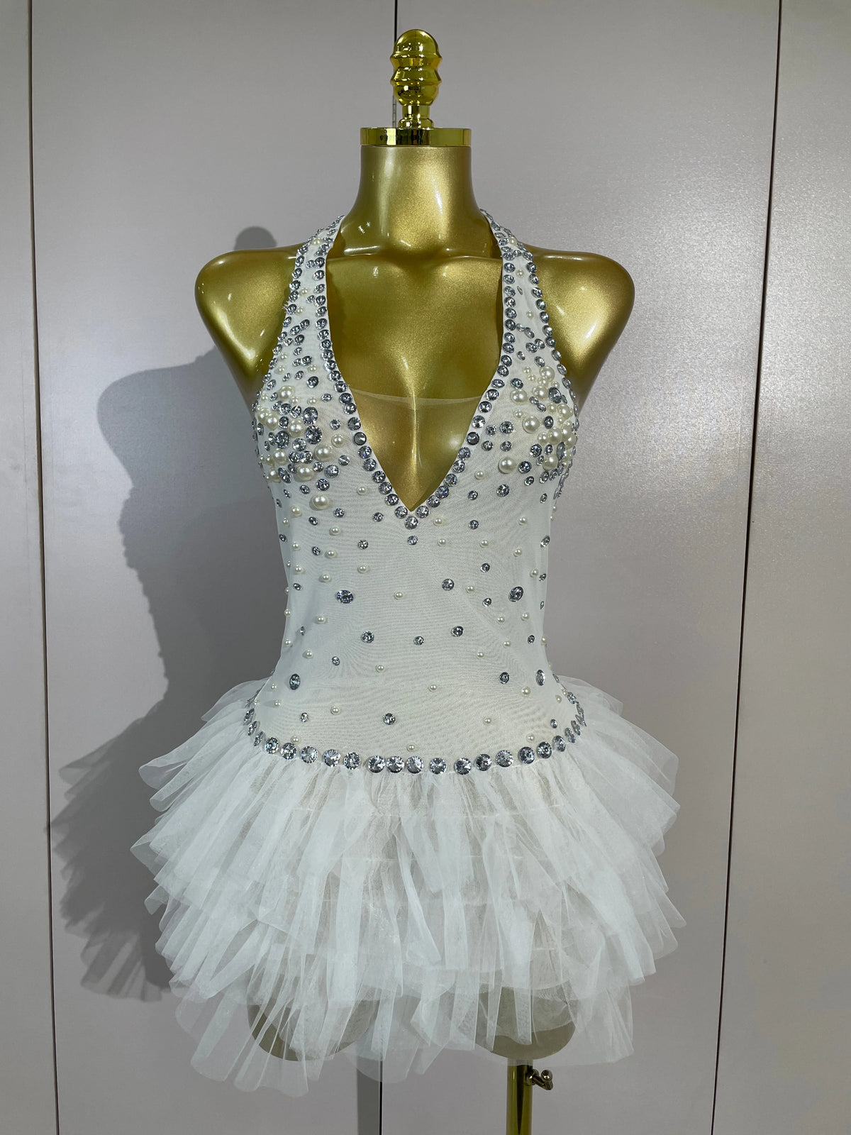 Women Sexy Mesh See Through Evening Birthday Party Dress Nightclub Stage Wear Sparkly Rhinestone Pearls Halter Backless Bodysuit