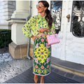 Bow Tie Neck Women Floral Print Set Long Puff Sleeve Cuff Trim Loose Blouse Vibrant Ethnic Midi Skirt Straight Hem Street Daily