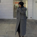 Grey Double-Breasted Long Coat with Notched Lapels