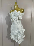 Luxury Chic 3D Beaded Flower Strapless Short Bodycon Bandage Dress Elegant Formal Party Prom Gown Birthday Wedding Guest Dresses