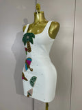 Women Sexy Square Neck Sleeveless Bodycon Bandage Mini Dress Luxury Beaded Tropical Fruit Eveing Party Vacation NightClub Outfit