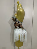 Women Sexy Sparkly Rhinestones Leopard Print Tassel Bodysuit 2026 New Evening Party Birthday Nightclub Performance Stage Costume