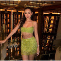 Women's Lime Green Sequined skirts Set 2 pieces sexy Spaghetti Strap Crop Top Mini Skirt with Tassel Lady Party Outfits