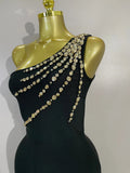 Elegant Black One Shoulder Sparkly Diamond Bodycon Bandage Long Dress Celebrity Evening Party Club Prom Luxury Birthday Dress