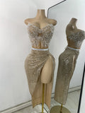 Sparkly Sequins Strapless Top Long Skirt Sets Nightclub Performance Nightclub Women's Outfit Two Pieces Stage Dress