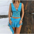 Lace Sequin V-Neck Cami & Ruffled Mini Skirt Set Asymmetric ChiffonTrim 2026 Summer Fashion Sexy Sweet Women Beach Lady Dress