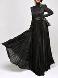 Solid Spliced Belt Slim Pleated Dresses For Women Turtleneck Long Sleeve High Waist Temperament Long Dress Female Clothes