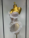 Women Sexy Strapless Pearl Ruched Bodycon Mini Dress Nightclub Birthday Evening Party Bar Singer Stage Performance Costume