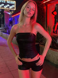 Halloween Leather 2 Piece Set Women Hottie Mesh Patchwork Skinny Tank Top+Mini Shorts Midnight Street Club Wild Suits