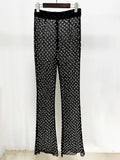 Elegant Beaded pearls blazer pants set Suits women flower white slim blazer +Sexy Mesh See Through sequin Trousers two-piece set