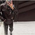 Women's Brown Faux Leather Pants Set Fashion Lapel Single Breasted Cropped Jacket Wide Leg Trouser Lady Autumn Chic Outfits