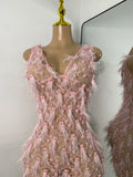 Luxury Pearls Ruffles Evening Party Dress Women Sexy See Through Mesh Birthday Gowns Nightclub Singer Stage Wear