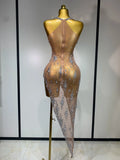 Sparkly Crystal Diamond Gold Sexy See-Through Sheath Dress Nightclub Performance Custome Stage Wear Birthday Evening Party Dress