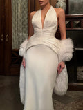 Sexy Deep Neck Backless Vest for Women Halter Sleevless Slimming Asymmetric Hem Ruched Fabric for Luxury Nighclub