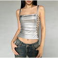 Sexy Bandage Hollow Out Women's Sling Top Slim Sleeveless Backless Pleated Female Vest 2026 Summer Beach Holiday All-match Vests