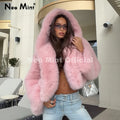 Winter 2026 Sweet Girls Pink Hooded Cropped Eco Fur Coat Women Thick Warm Fluffy Faux Fox Jackets Short Overcoat Female