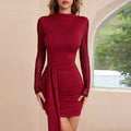 Solid Spliced Lace Up Dresses for Women O Neck Long Sleeve High Waist Temperament Slimming Dress Female