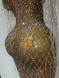 Luxury Sparkly Rhinestones Tassel Transparent Mesh Stretch Long Dress Women Evening Celebrate Birthday Dress Sexy Stage Costumes