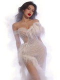 New Sparkly Rhinestone Off The Shoulder White Mesh See-Through Long Dress Sexy Eveing Party Birthday Nightclub Stage Costume
