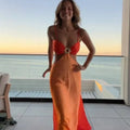 2026 Chic Gradient Hollow Out Maxi Dress Women Sexy Backless Sleeveless Sling Long Dress Summer Vacation Boho Beach Satin Outfit