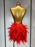 Sexy Halter Backless Feather Pearl Short Party Dress Women Luxury Rhinestone Celebrate Birthday Outfit Performance Dance Costume