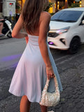 Vacation Pink Backless Mini Dress Female Plunge Neck Sleeveless Slimming Asymmetrical Hem for Urban Street Style